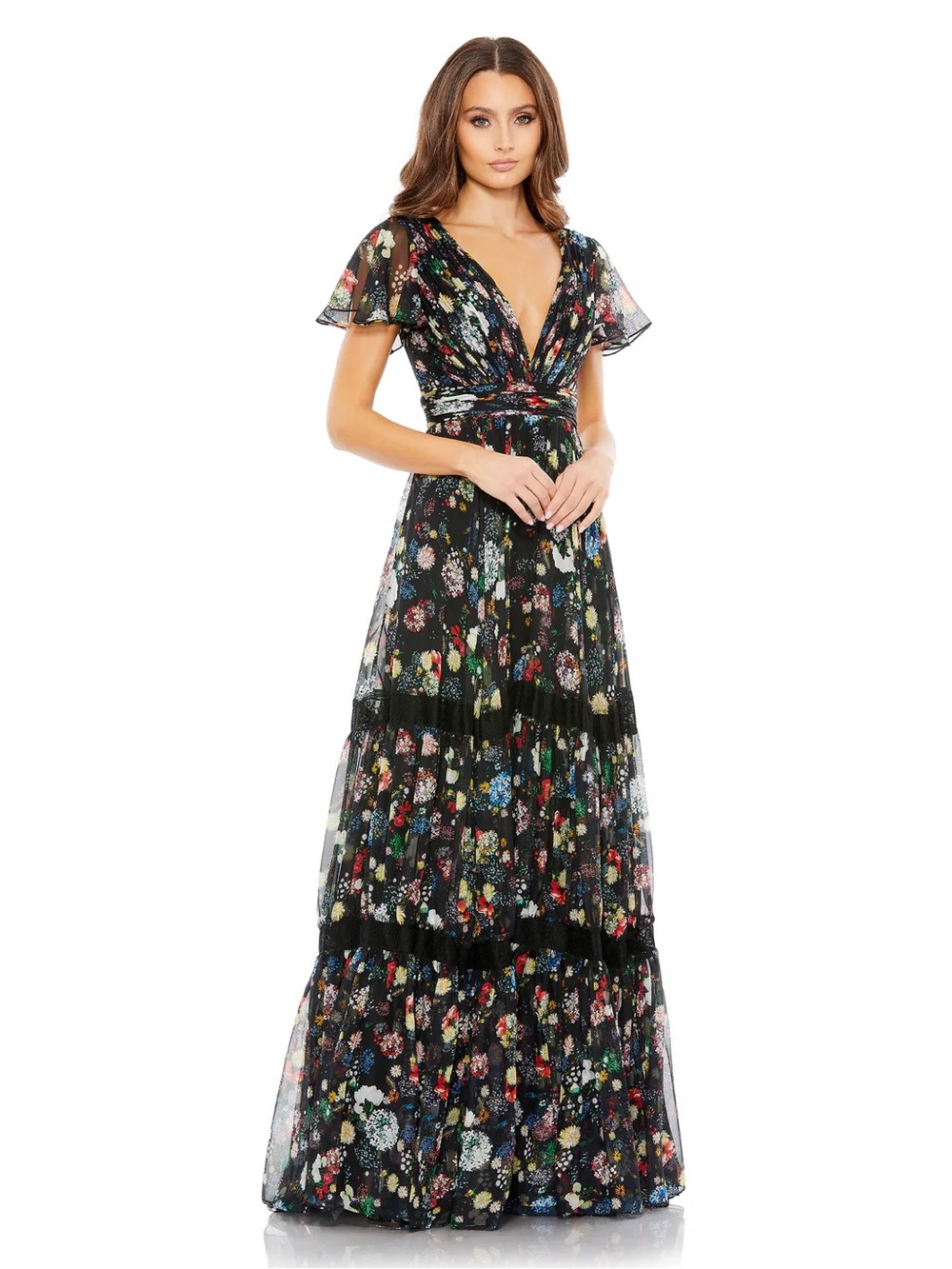 NWT Mac Duggal 67934 Floral Chiffon Flutter Sleeve Gown